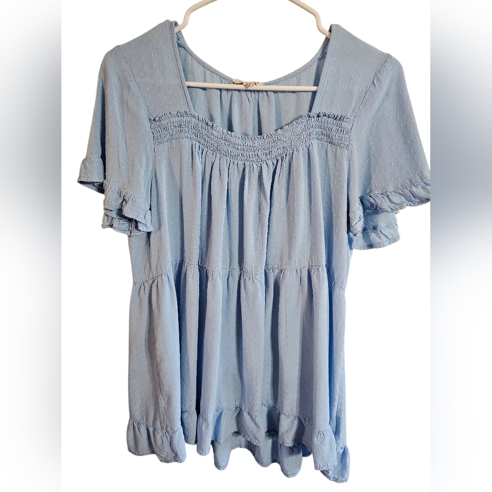 Jane and Delancey Blue Swiss Dot Babydoll Blouse Smocked Square Neck Rayon Large - Picture 2 of 7